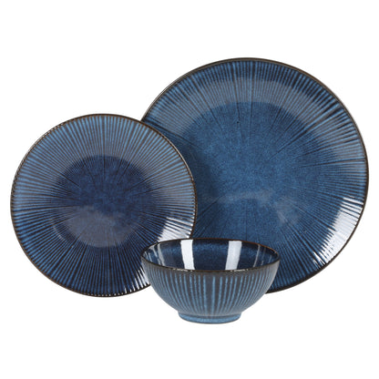 Gibson Elite Midnight Luna Plates and Bowls Sets, 12-Piece Stoneware Dinnerware Sets, Reactive Glaze Dish Set - Blue