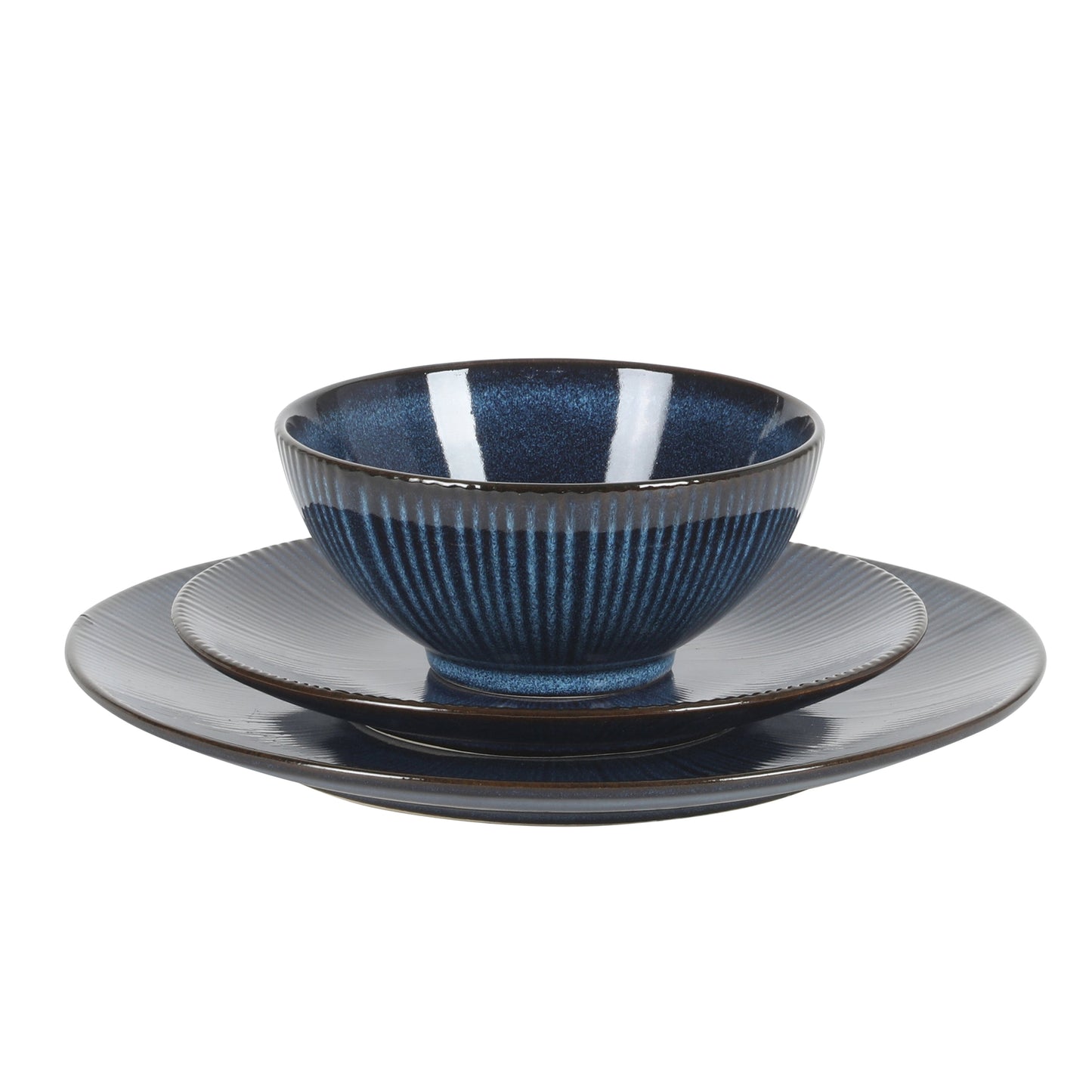 Gibson Elite Midnight Luna Plates and Bowls Sets, 12-Piece Stoneware Dinnerware Sets, Reactive Glaze Dish Set - Blue