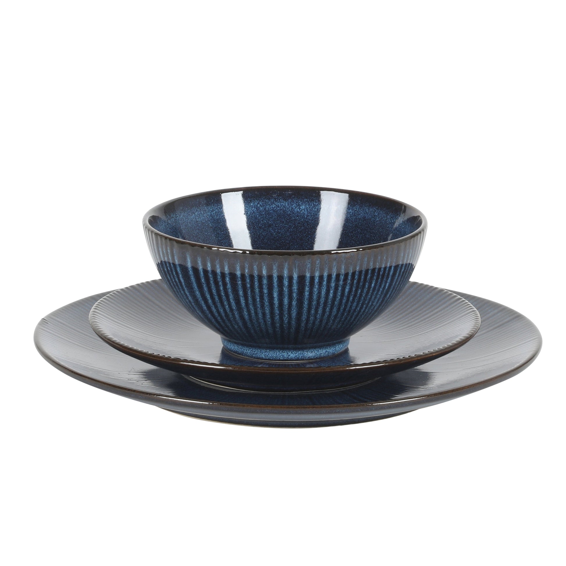Gibson Elite Midnight Luna Plates and Bowls Sets, 12-Piece Stoneware Dinnerware Sets, Reactive Glaze Dish Set - Blue
