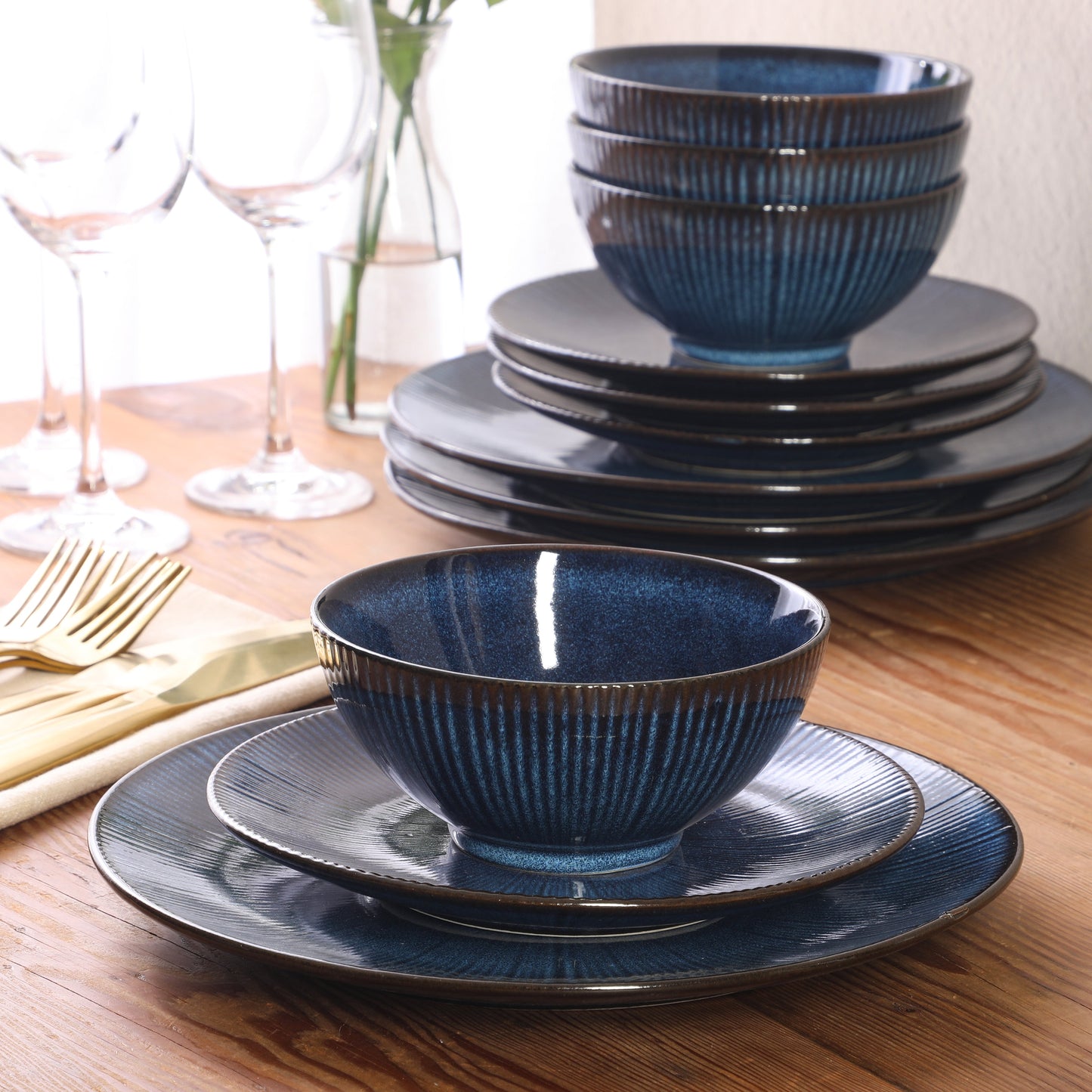 Gibson Elite Midnight Luna Plates and Bowls Sets, 12-Piece Stoneware Dinnerware Sets, Reactive Glaze Dish Set - Blue