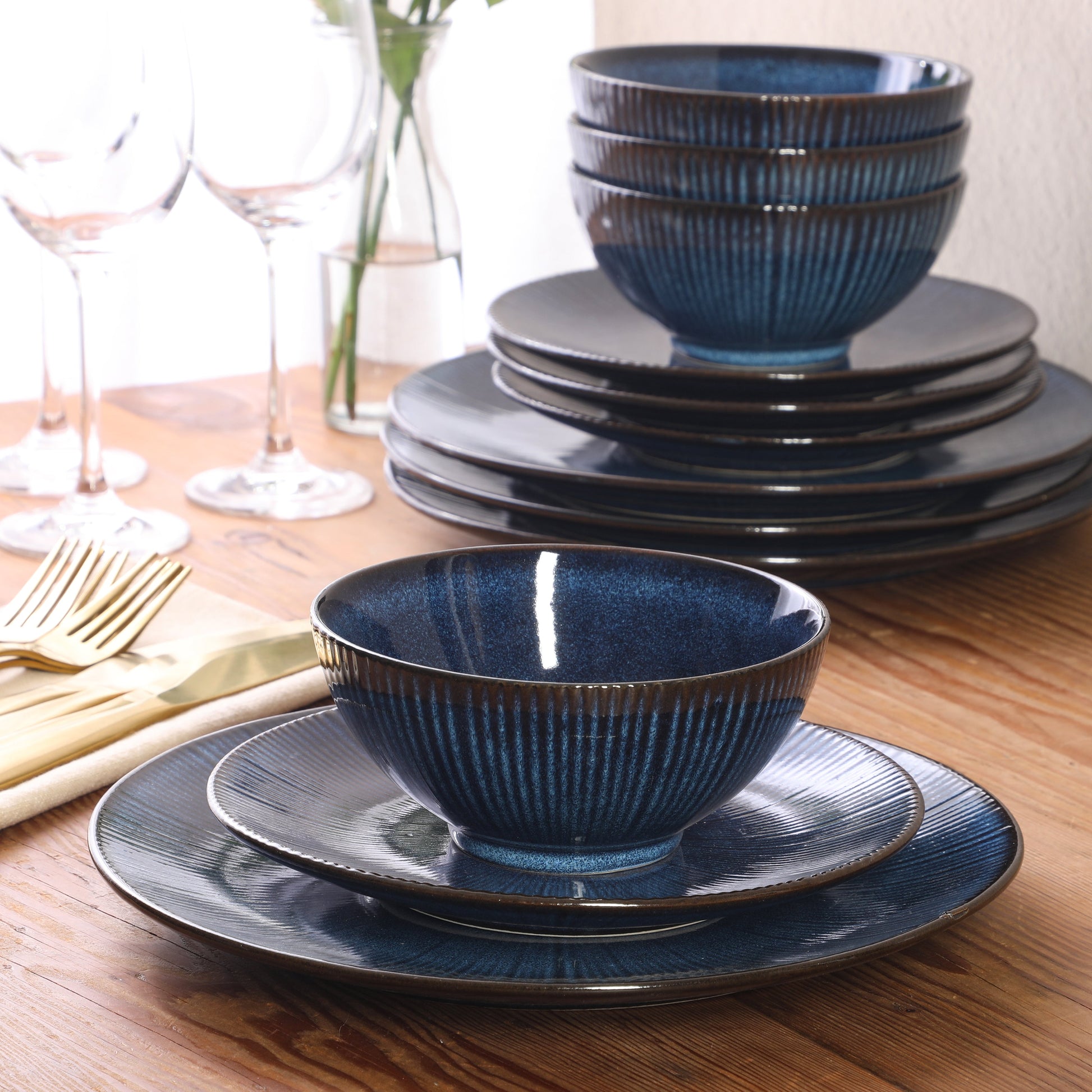 Gibson Elite Midnight Luna Plates and Bowls Sets, 12-Piece Stoneware Dinnerware Sets, Reactive Glaze Dish Set - Blue