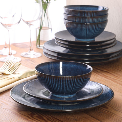 Gibson Elite Midnight Luna Plates and Bowls Sets, 12-Piece Stoneware Dinnerware Sets, Reactive Glaze Dish Set - Blue