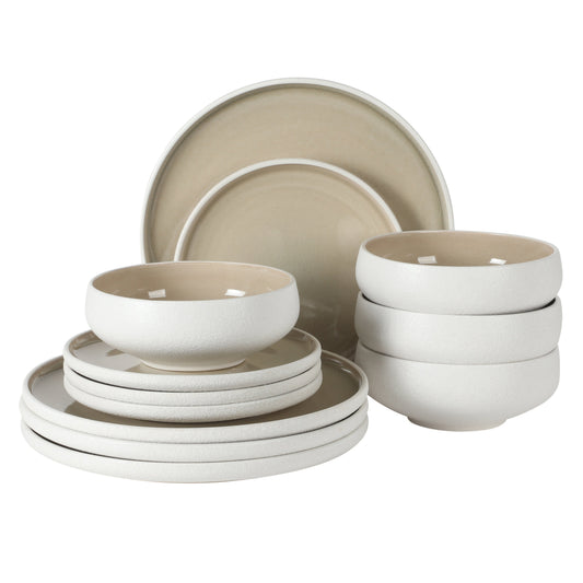 Gibson Elite Pacifco Beach Plates and Bowls Sets, 12-Piece Stoneware Dinnerware Sets, Reactive Glaze Dish Set, Service for 4