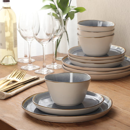 Gibson Elite Algeria River Plates and Bowls Sets, 12-Piece Stoneware Dinnerware Sets, Reactive Glaze Dish Set