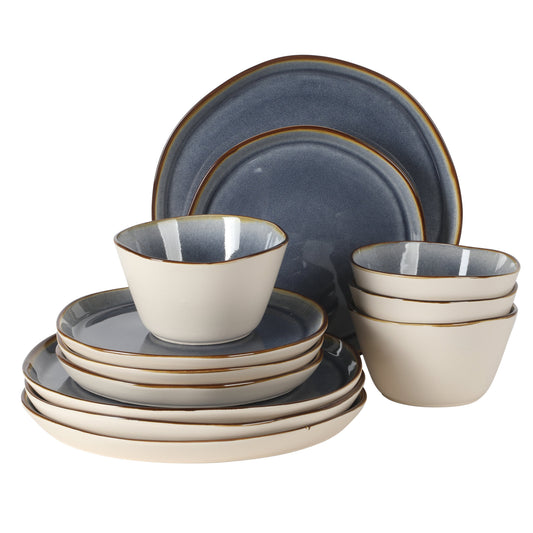 Gibson Elite Algeria River Plates and Bowls Sets, 12-Piece Stoneware Dinnerware Sets, Reactive Glaze Dish Set
