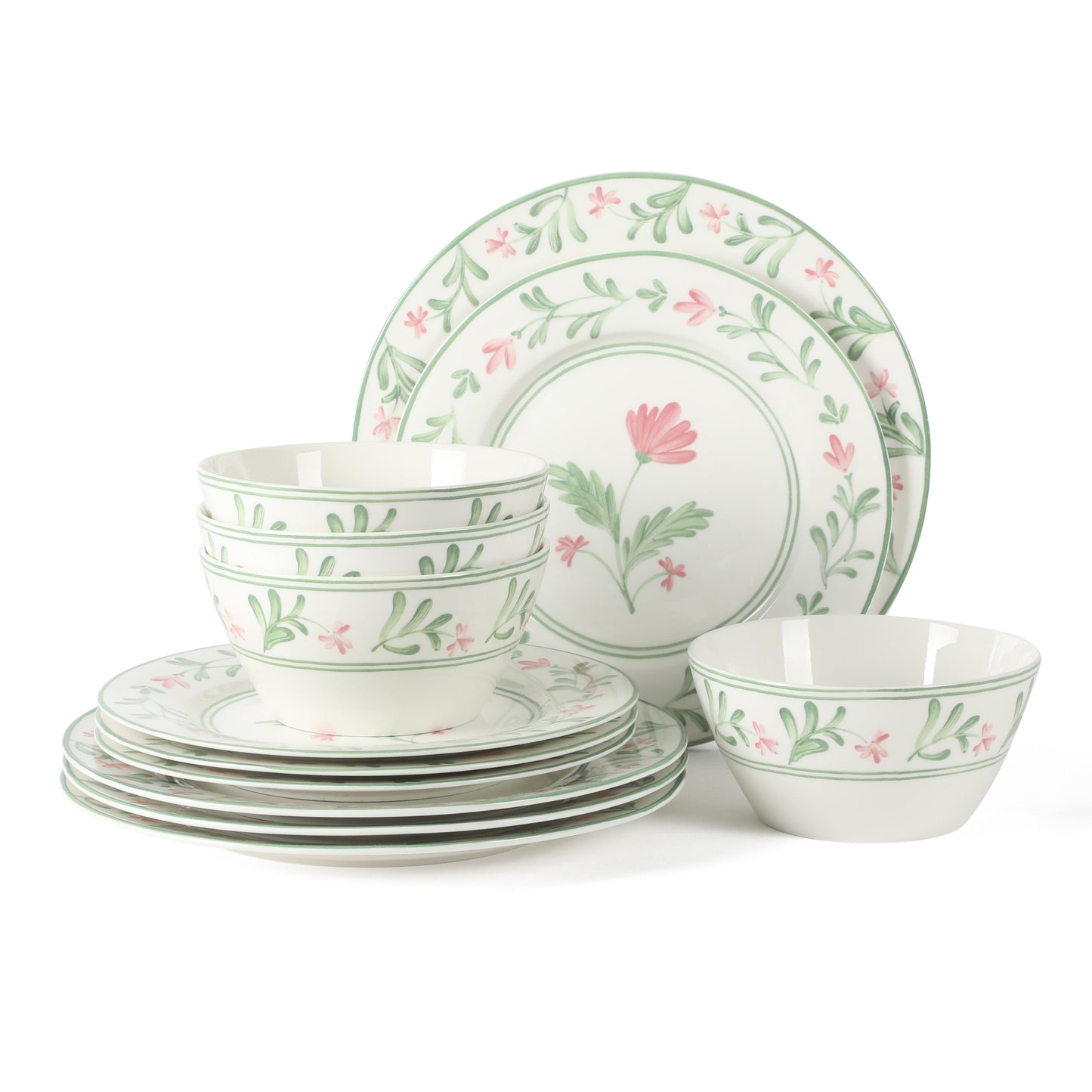 Martha Stewart Maiden Crown 12-Piece Dinnerware Set – Vegan Bone China Ceramic Plates & Bowls – Floral Design – Service for 4 – Dishwasher & Microwave Safe