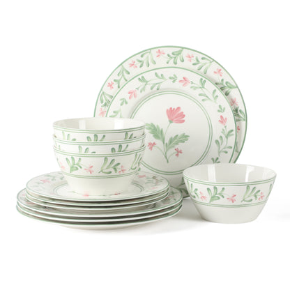 Martha Stewart Maiden Crown 12-Piece Dinnerware Set – Vegan Bone China Ceramic Plates & Bowls – Floral Design – Service for 4 – Dishwasher & Microwave Safe
