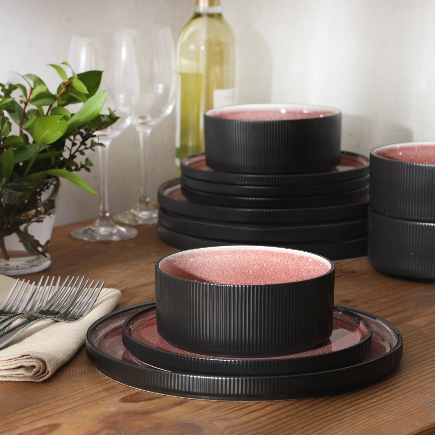 Gibson Elite Redrock Canyon 12-Piece New Bone China Dinnerware Set Service for 4, Reactive Glaze Plates and Bowls, Dishwasher Safe