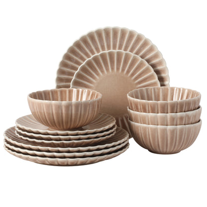 Gibson Elite Peach Orchard 12-Piece New Bone China Dinnerware Set Service for 4, Embossed Fluted Plates and Bowls, Dishwasher Safe