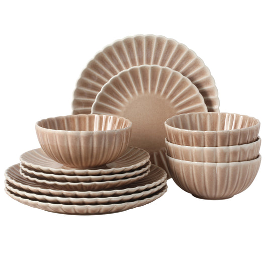 Gibson Elite Peach Orchard 12-Piece New Bone China Dinnerware Set Service for 4, Embossed Fluted Plates and Bowls, Dishwasher Safe