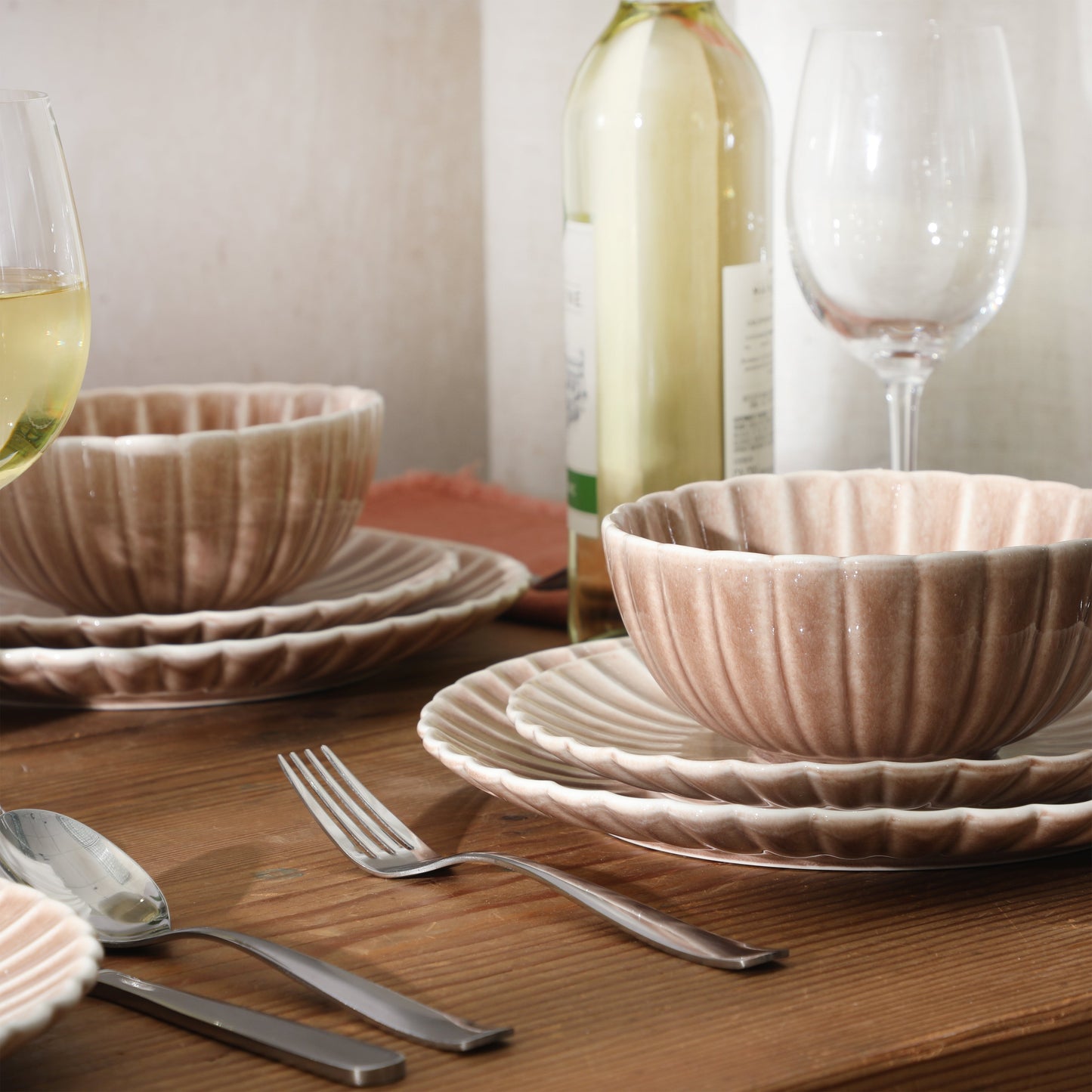 Gibson Elite Peach Orchard 12-Piece New Bone China Dinnerware Set Service for 4, Embossed Fluted Plates and Bowls, Dishwasher Safe