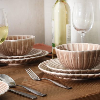 Gibson Elite Peach Orchard 12-Piece New Bone China Dinnerware Set Service for 4, Embossed Fluted Plates and Bowls, Dishwasher Safe