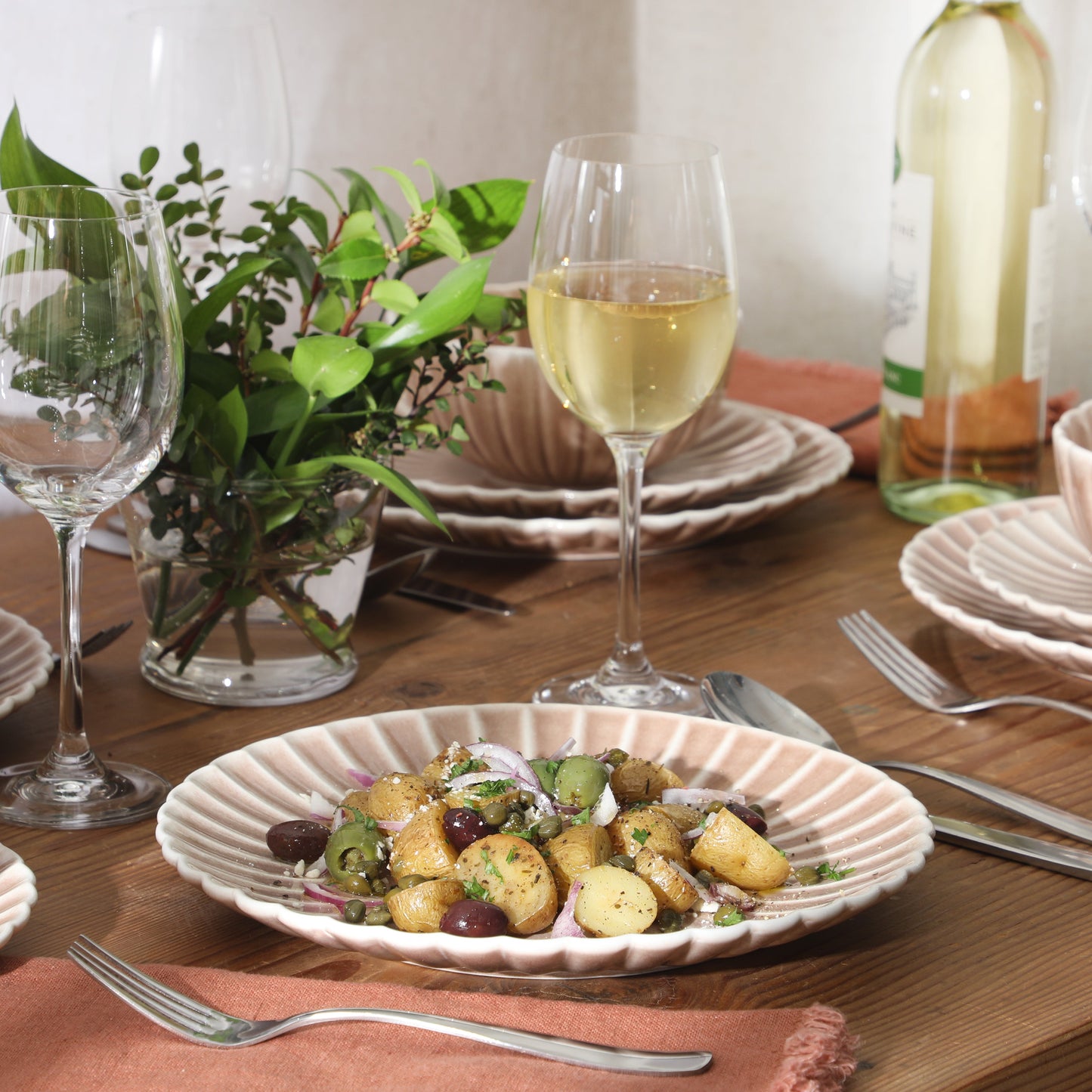 Gibson Elite Peach Orchard 12-Piece New Bone China Dinnerware Set Service for 4, Embossed Fluted Plates and Bowls, Dishwasher Safe