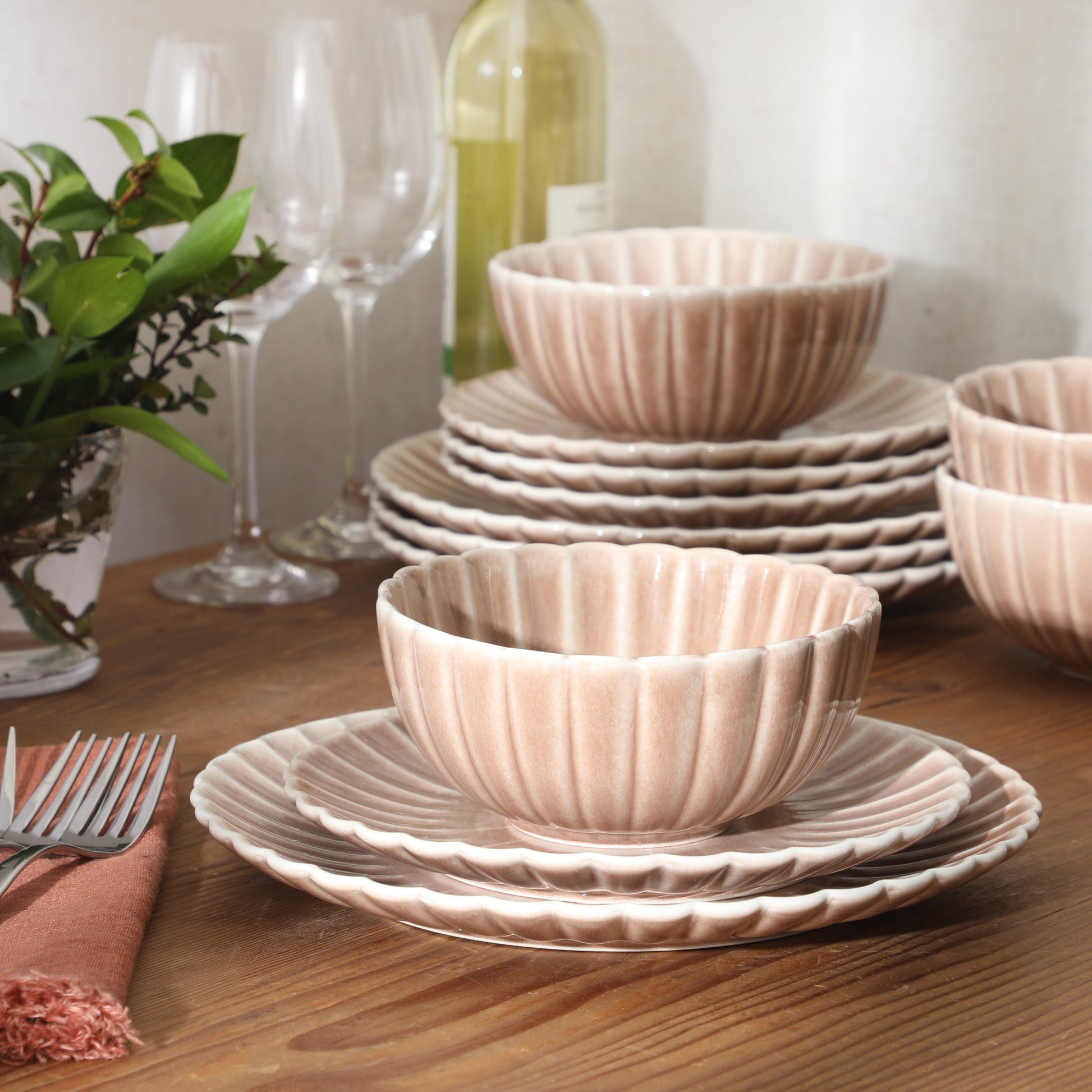 Gibson Elite Peach Orchard 12-Piece New Bone China Dinnerware Set Service for 4, Embossed Fluted Plates and Bowls, Dishwasher Safe