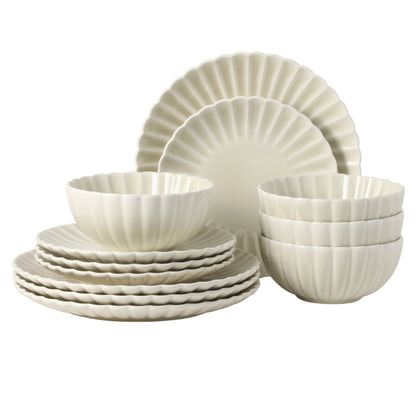 Gibson Elite Peach Orchard 12-Piece New Bone China Dinnerware Set Service for 4, Embossed Fluted Plates and Bowls, Dishwasher Safe