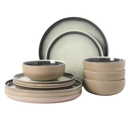 Gibson Elite Island Bay 12-Piece New Bone China Dinnerware Set Service for 4, Reactive Glaze Plates and Bowls, Dishwasher Safe