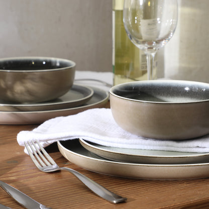 Gibson Elite Island Bay 12-Piece New Bone China Dinnerware Set Service for 4, Reactive Glaze Plates and Bowls, Dishwasher Safe