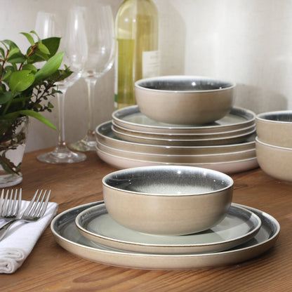 Gibson Elite Island Bay 12-Piece New Bone China Dinnerware Set Service for 4, Reactive Glaze Plates and Bowls, Dishwasher Safe