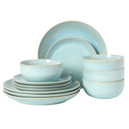 Gibson Elite Pine Coast Plates and Bowls Sets, 12-Piece Stoneware Dinnerware Sets, Reactive Glaze Dish Set