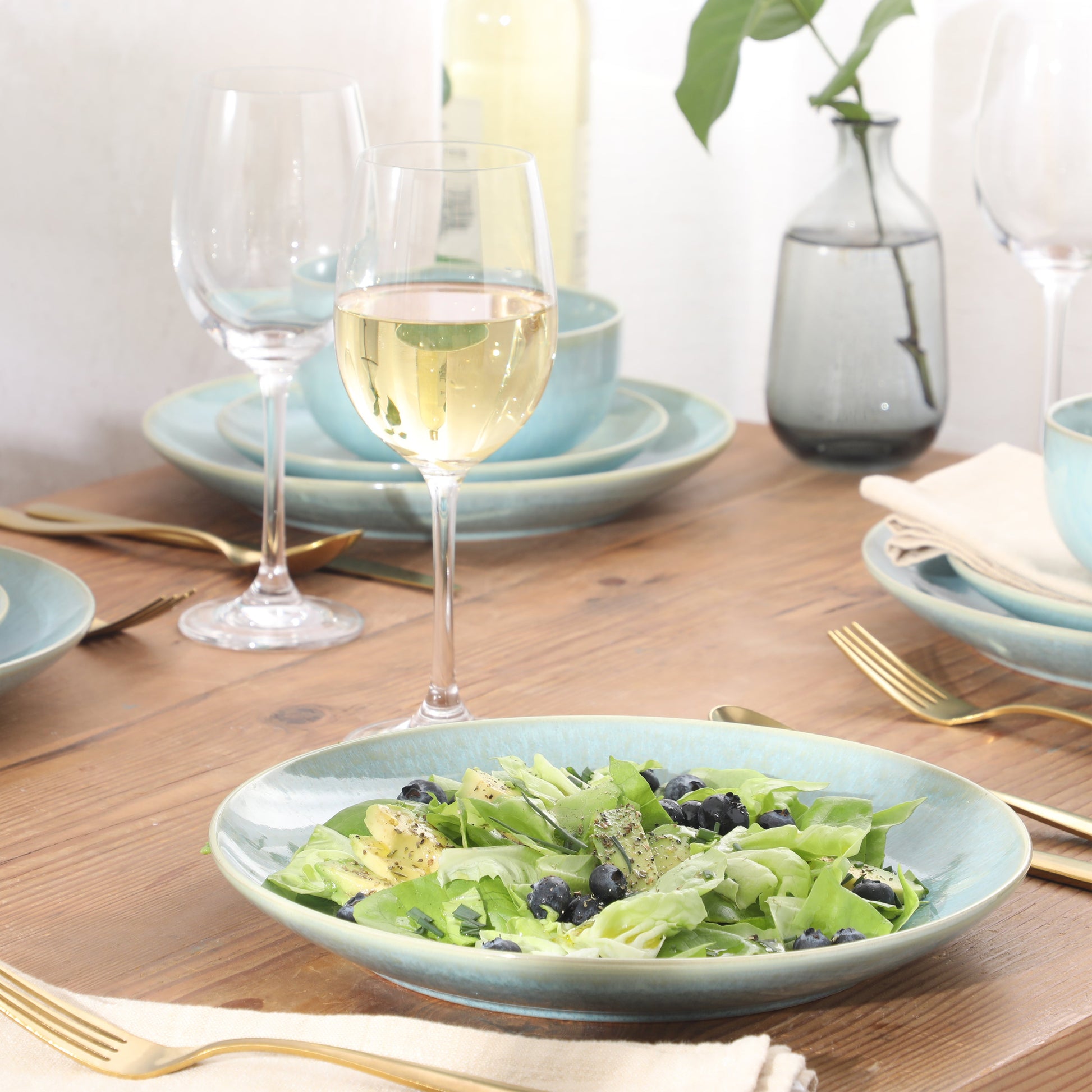 Gibson Elite Pine Coast Plates and Bowls Sets, 12-Piece Stoneware Dinnerware Sets, Reactive Glaze Dish Set