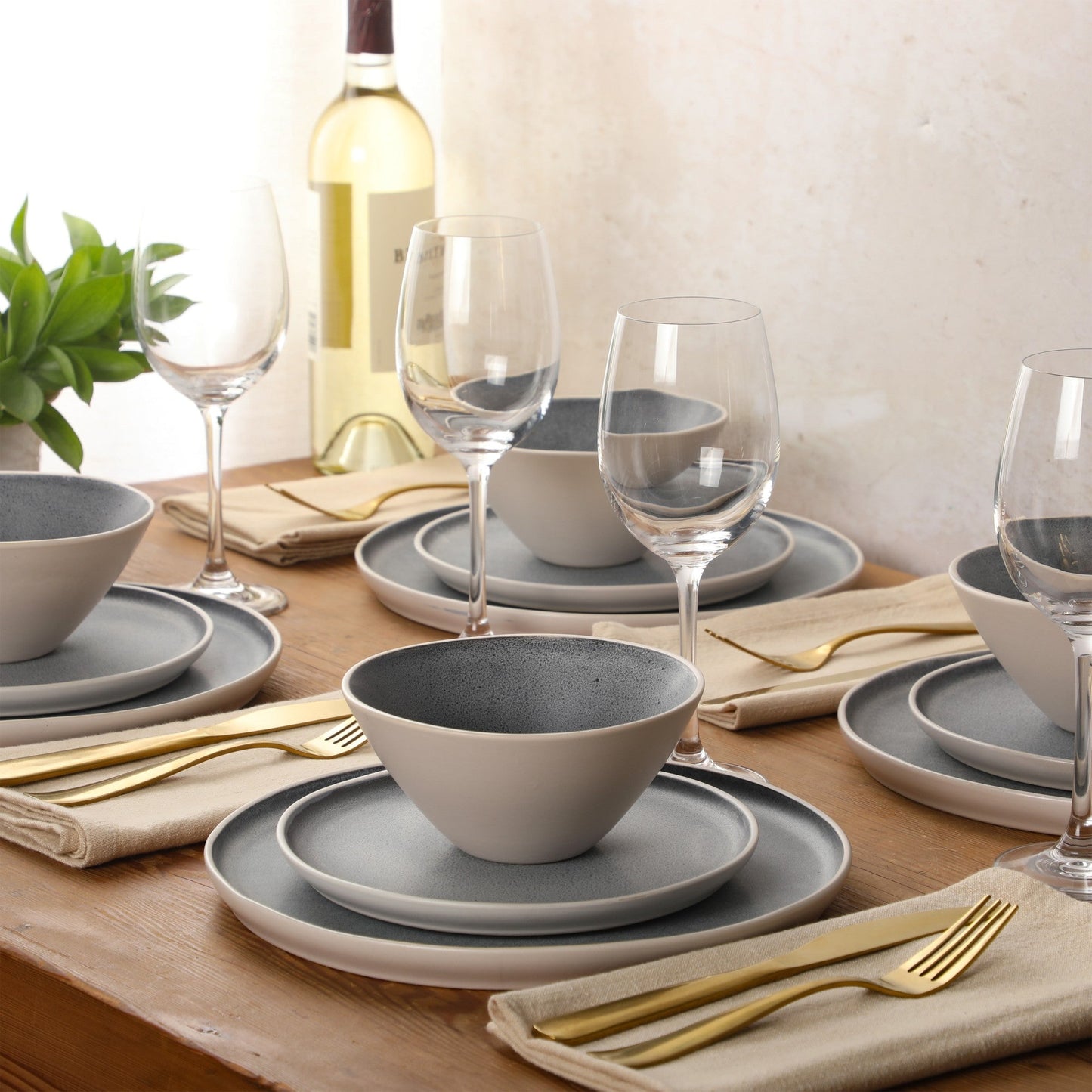 Gibson Elite Coastal Forest Plates and Bowls Sets, 12-Piece Stoneware Dinnerware Sets, Triple Reactive Glaze Dish Set - Grey and Cream White