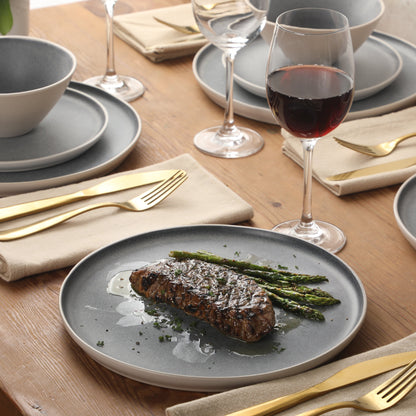 Gibson Elite Coastal Forest Plates and Bowls Sets, 12-Piece Stoneware Dinnerware Sets, Triple Reactive Glaze Dish Set - Grey and Cream White