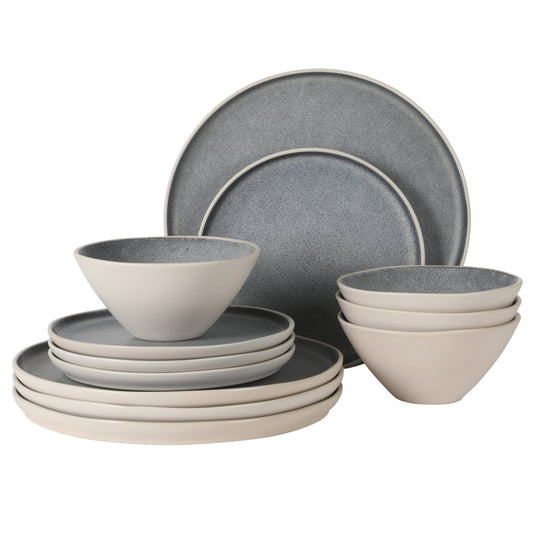 Gibson Elite Coastal Forest Plates and Bowls Sets, 12-Piece Stoneware Dinnerware Sets, Triple Reactive Glaze Dish Set - Grey and Cream White