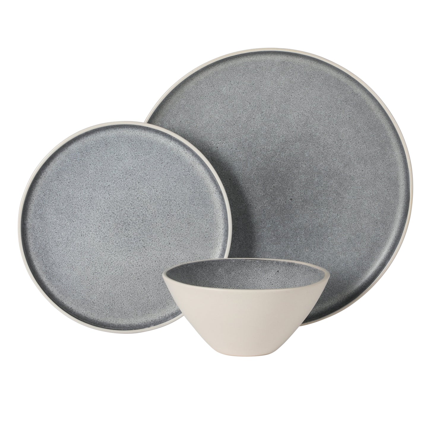 Gibson Elite Coastal Forest Plates and Bowls Sets, 12-Piece Stoneware Dinnerware Sets, Triple Reactive Glaze Dish Set - Grey and Cream White