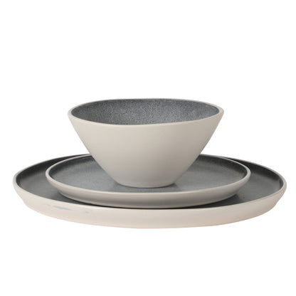Gibson Elite Coastal Forest Plates and Bowls Sets, 12-Piece Stoneware Dinnerware Sets, Triple Reactive Glaze Dish Set - Grey and Cream White