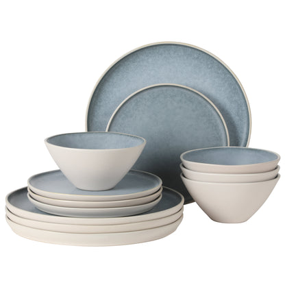 Gibson Elite Coastal Forest Plates and Bowls Sets, 12-Piece Stoneware Dinnerware Sets, Triple Reactive Glaze Dish Set - Grey and Cream White