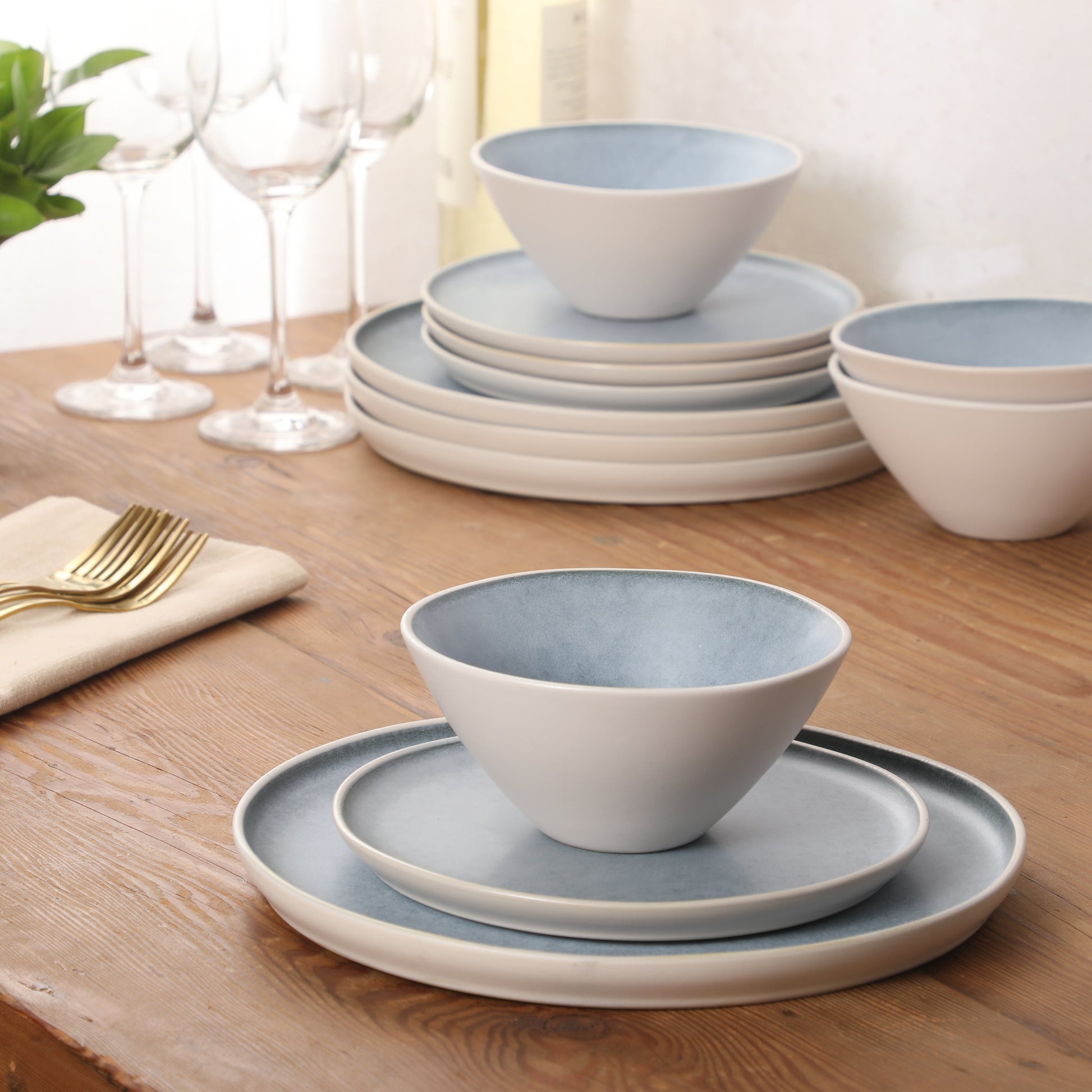 Gibson Elite Coastal Forest Plates and Bowls Sets, 12-Piece Stoneware Dinnerware Sets, Triple Reactive Glaze Dish Set - Grey and Cream White