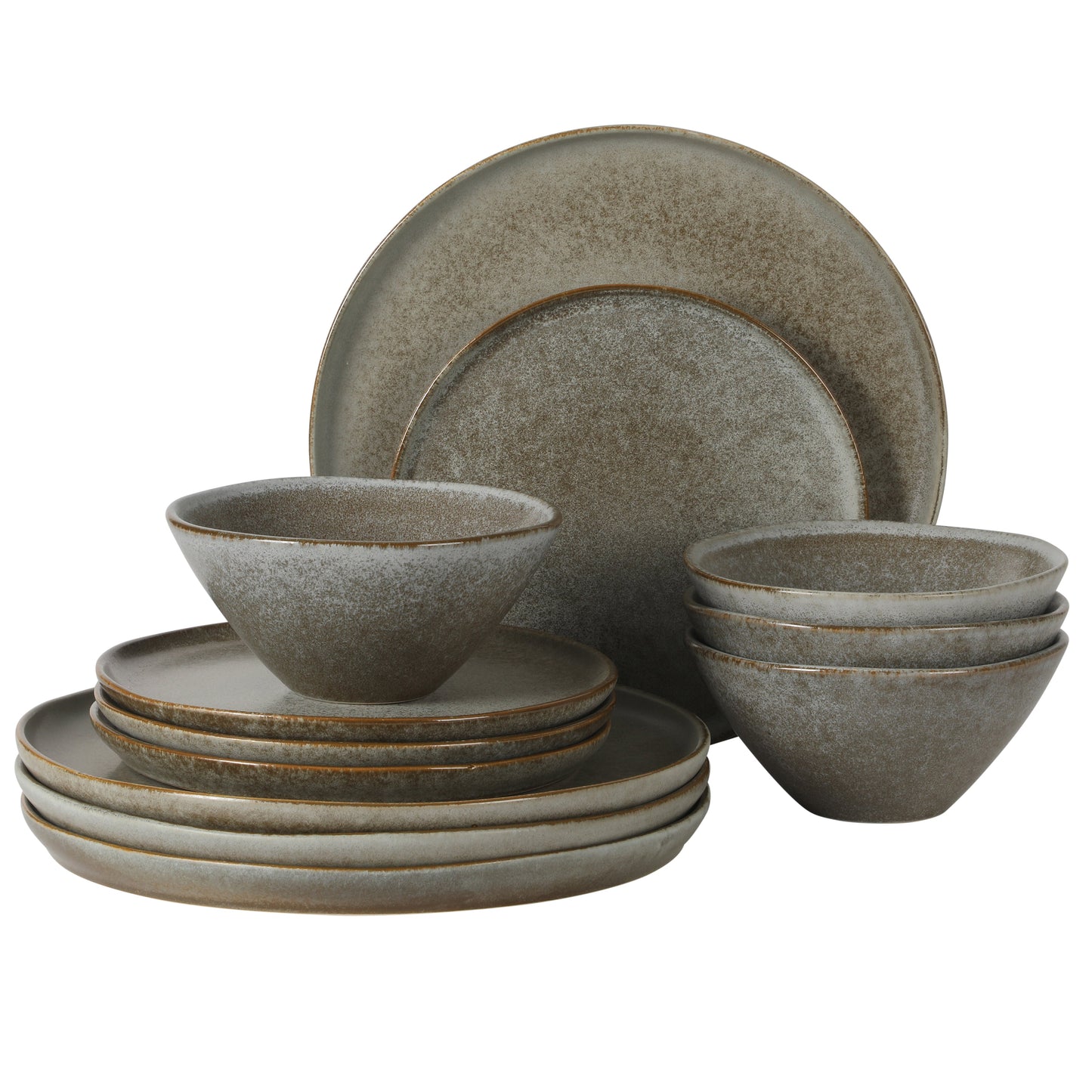 Gibson Elite Coastal Forest Plates and Bowls Sets, 12-Piece Stoneware Dinnerware Sets, Triple Reactive Glaze Dish Set - Grey and Cream White