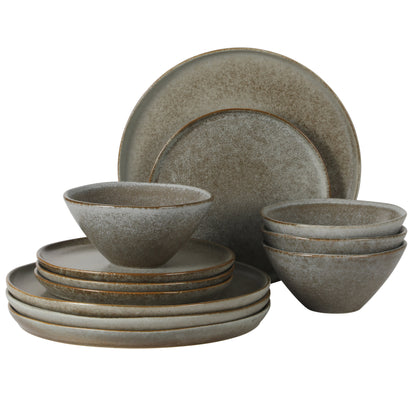 Gibson Elite Coastal Forest Plates and Bowls Sets, 12-Piece Stoneware Dinnerware Sets, Triple Reactive Glaze Dish Set - Grey and Cream White