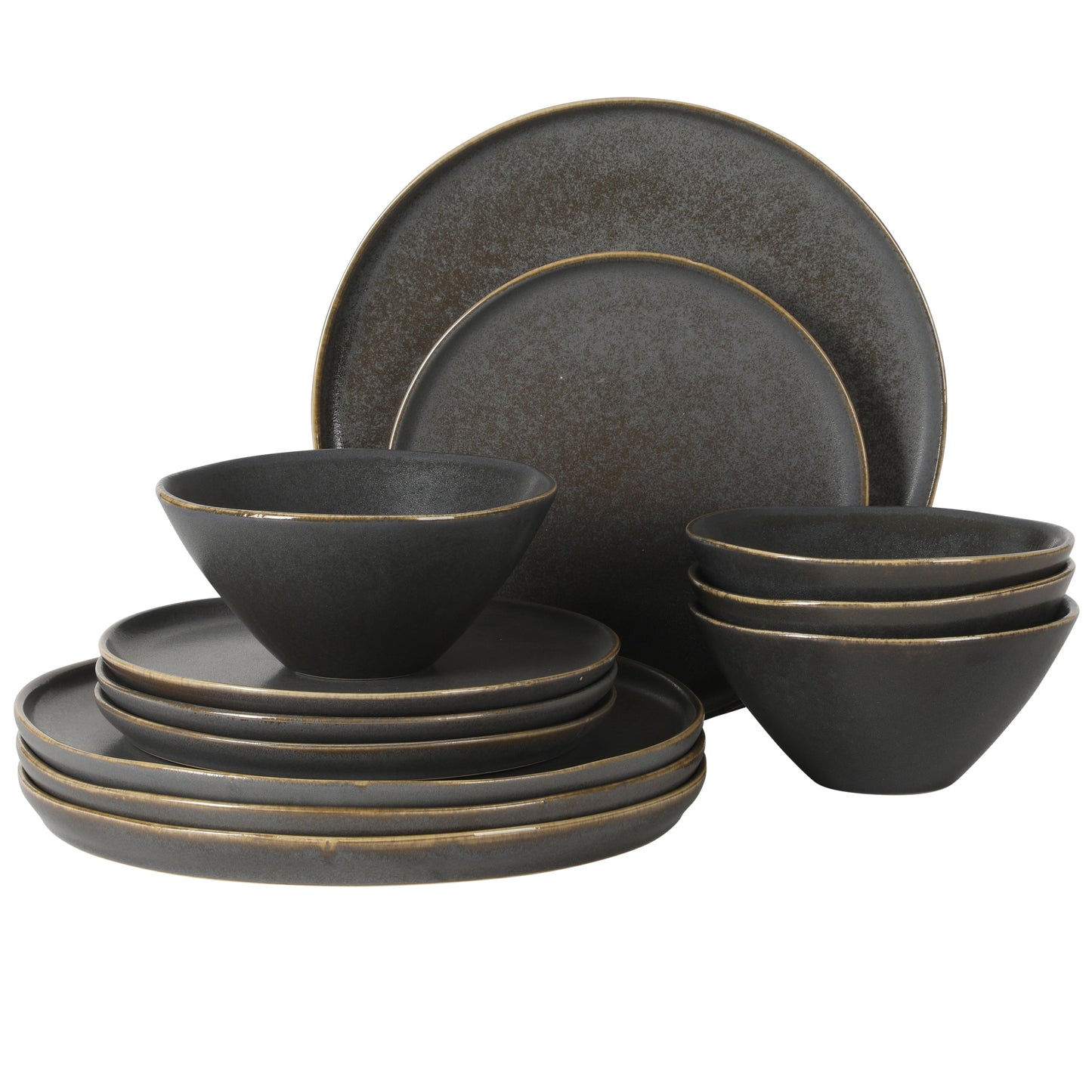 Gibson Elite Coastal Forest Plates and Bowls Sets, 12-Piece Stoneware Dinnerware Sets, Triple Reactive Glaze Dish Set - Grey and Cream White