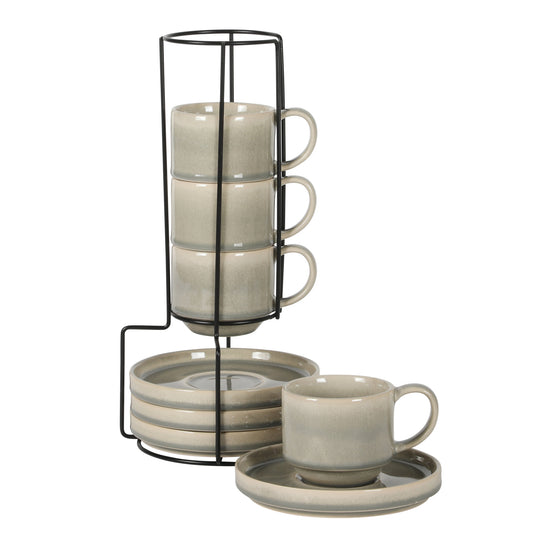 Gibson Elite Sunrise Hills 9-Piece Stackable Stoneware Cup and Saucer Set with Metal Rack, 6 oz, Service for 4, Dishwasher Safe