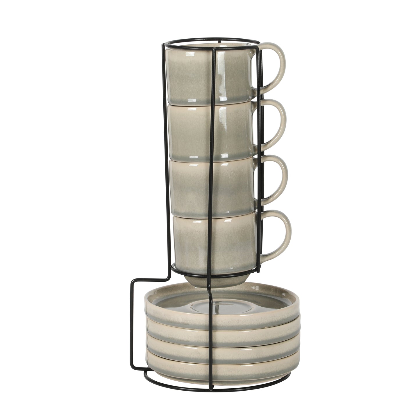 Gibson Elite Sunrise Hills 9-Piece Stackable Stoneware Cup and Saucer Set with Metal Rack, 6 oz, Service for 4, Dishwasher Safe