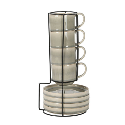 Gibson Elite Sunrise Hills 9-Piece Stackable Stoneware Cup and Saucer Set with Metal Rack, 6 oz, Service for 4, Dishwasher Safe