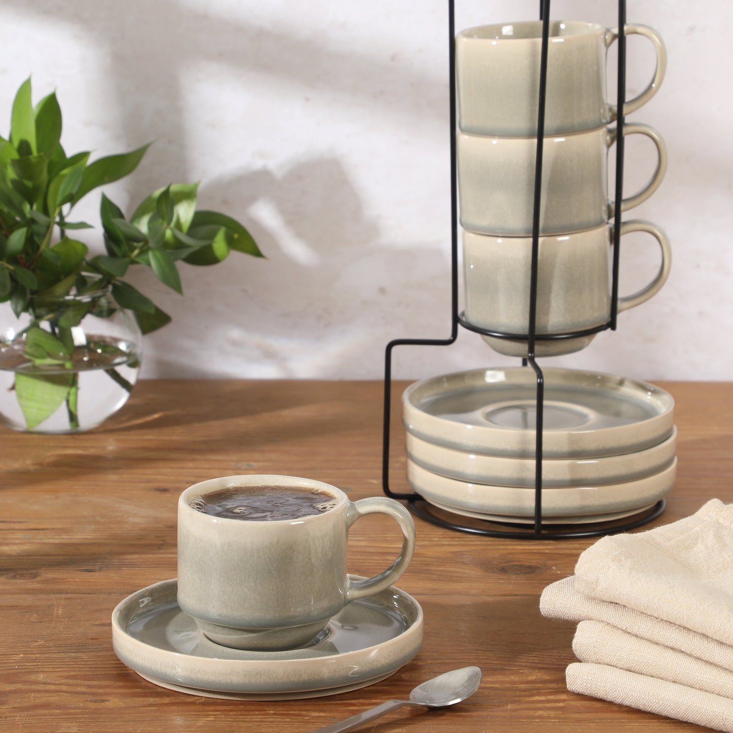 Gibson Elite Sunrise Hills 9-Piece Stackable Stoneware Cup and Saucer Set with Metal Rack, 6 oz, Service for 4, Dishwasher Safe