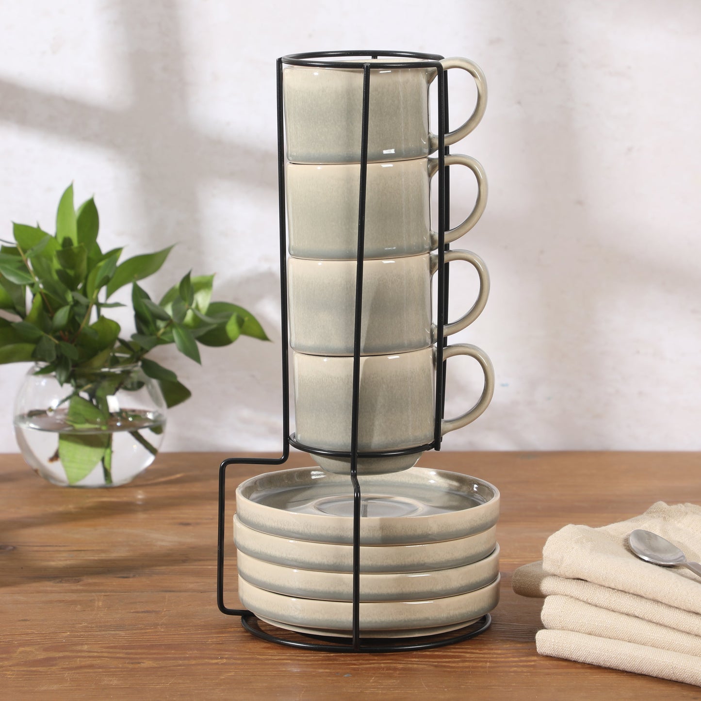 Gibson Elite Sunrise Hills 9-Piece Stackable Stoneware Cup and Saucer Set with Metal Rack, 6 oz, Service for 4, Dishwasher Safe
