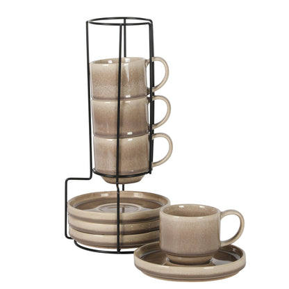 Gibson Elite Sunrise Hills 9-Piece Stackable Stoneware Cup and Saucer Set with Metal Rack, 6 oz, Service for 4, Dishwasher Safe