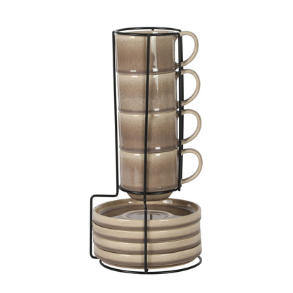Gibson Elite Sunrise Hills 9-Piece Stackable Stoneware Cup and Saucer Set with Metal Rack, 6 oz, Service for 4, Dishwasher Safe