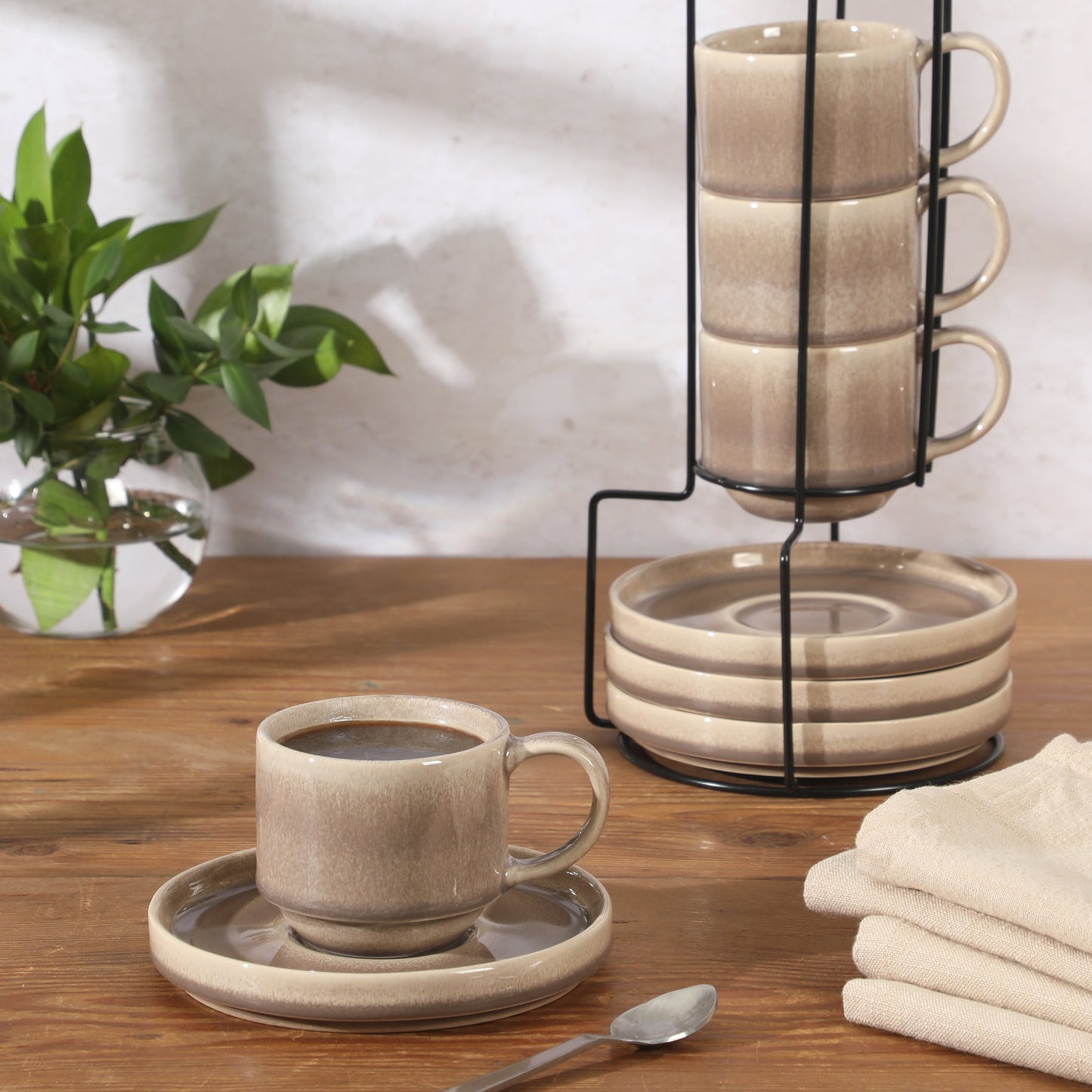 Gibson Elite Sunrise Hills 9-Piece Stackable Stoneware Cup and Saucer Set with Metal Rack, 6 oz, Service for 4, Dishwasher Safe