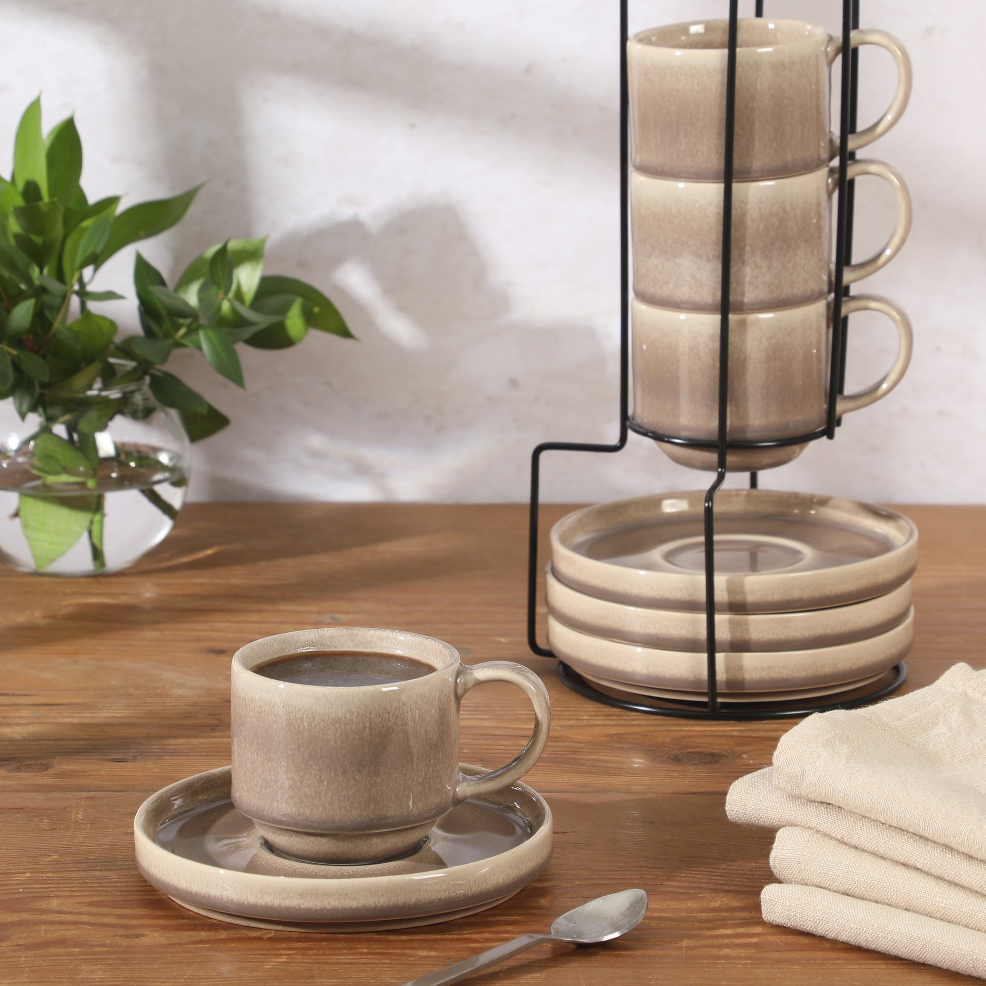 Gibson Elite Sunrise Hills 9-Piece Stackable Stoneware Cup and Saucer Set with Metal Rack, 6 oz, Service for 4, Dishwasher Safe
