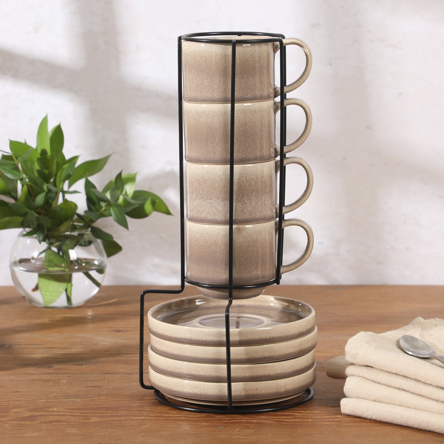 Gibson Elite Sunrise Hills 9-Piece Stackable Stoneware Cup and Saucer Set with Metal Rack, 6 oz, Service for 4, Dishwasher Safe
