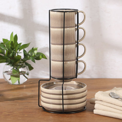Gibson Elite Sunrise Hills 9-Piece Stackable Stoneware Cup and Saucer Set with Metal Rack, 6 oz, Service for 4, Dishwasher Safe
