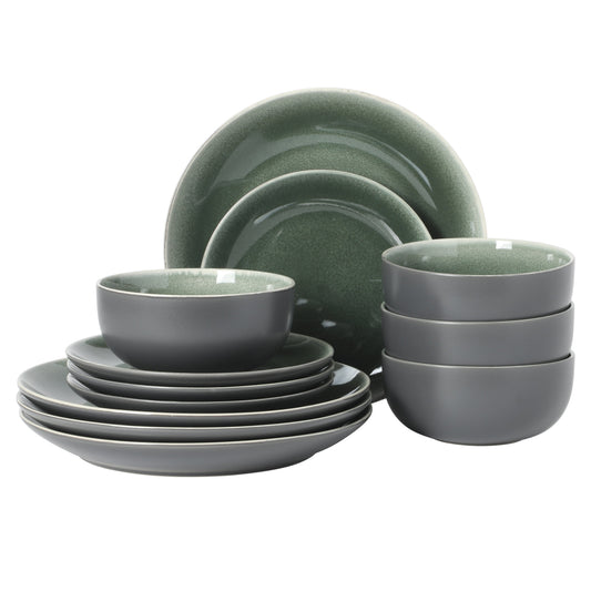 Gibson Elite Pine Coast Plates and Bowls Sets, 12-Piece Stoneware Dinnerware Sets, Reactive Glaze Dish Set