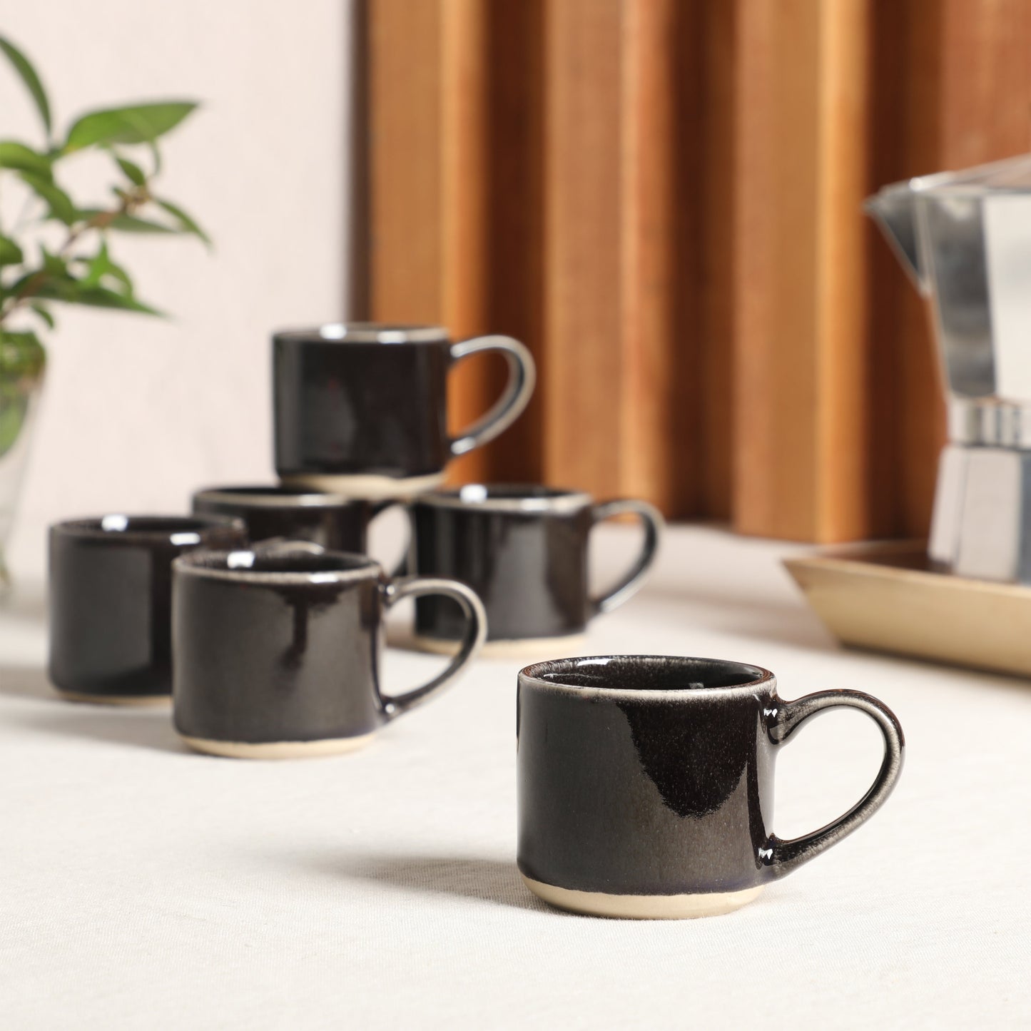 Mr. Coffee Whims Espresso Cups Set of 6, 3.7 oz Stoneware Demitasse Espresso Shot Cups with Handles, Stackable Reactive Glaze Ceramic Coffee Cups