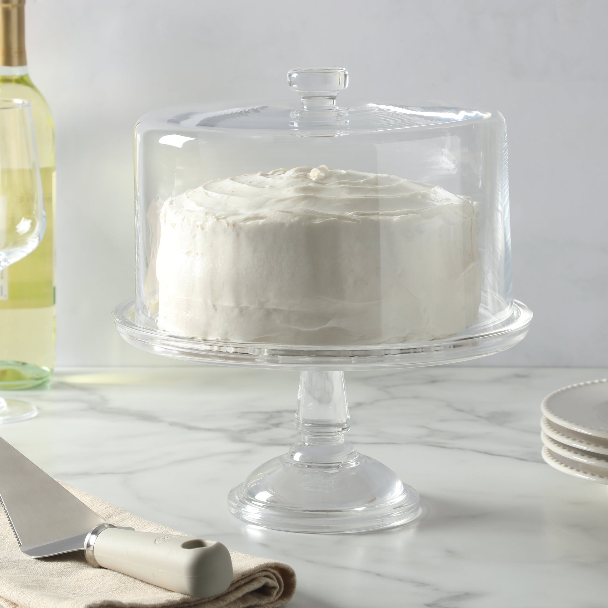 Martha Stewart Watercrest Glass Cake Stand with Dome, 10.2 Inch Clear Footed Pedestal Cake Stand with Glass Lid Cover, Handmade Glassware