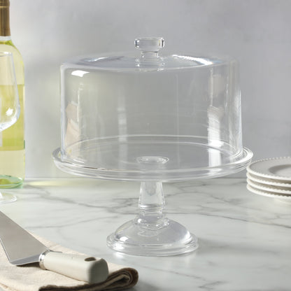 Martha Stewart Watercrest Glass Cake Stand with Dome, 10.2 Inch Clear Footed Pedestal Cake Stand with Glass Lid Cover, Handmade Glassware