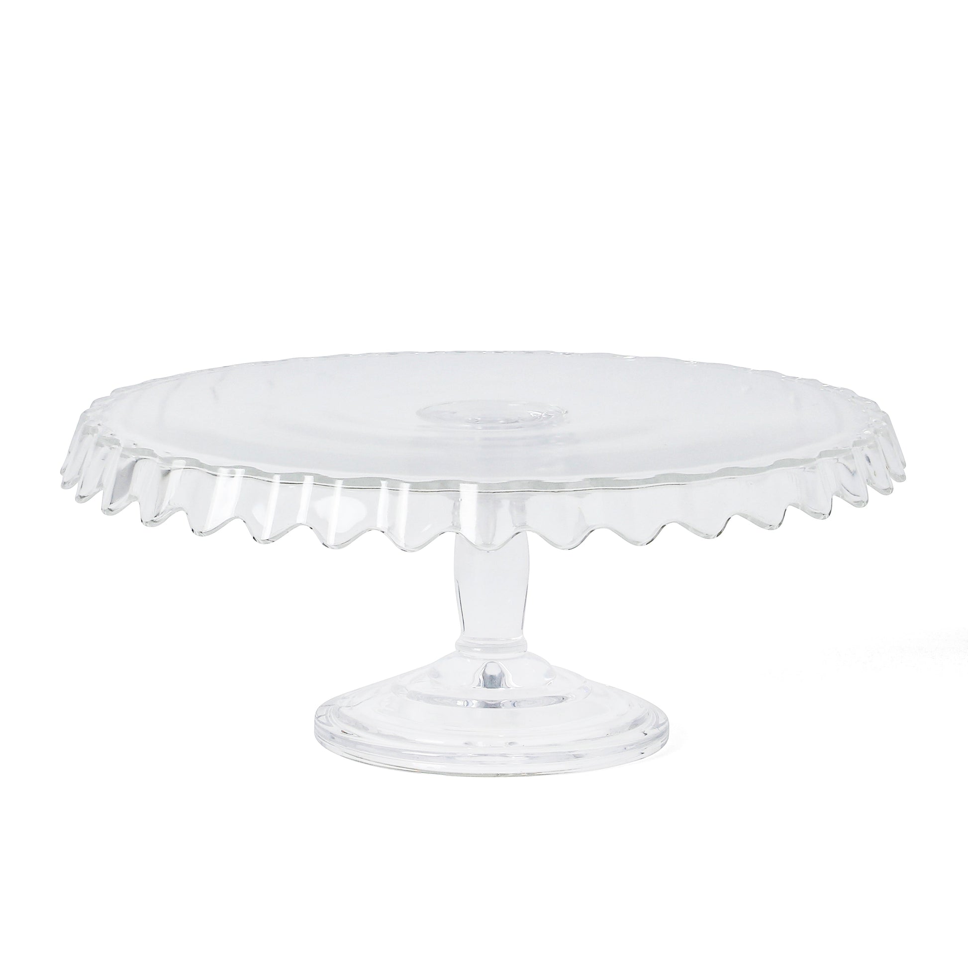 Martha Stewart Watercrest Glass Cake Stand, 10.2 Inch Footed Pedestal Cake Plate with Scalloped Ruffled Edge, Clear Handmade Glassware